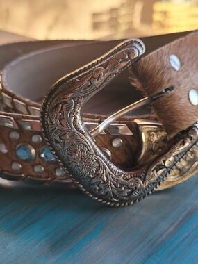 Leather Western Crystal Belt Tan Hair-On Kippy Style